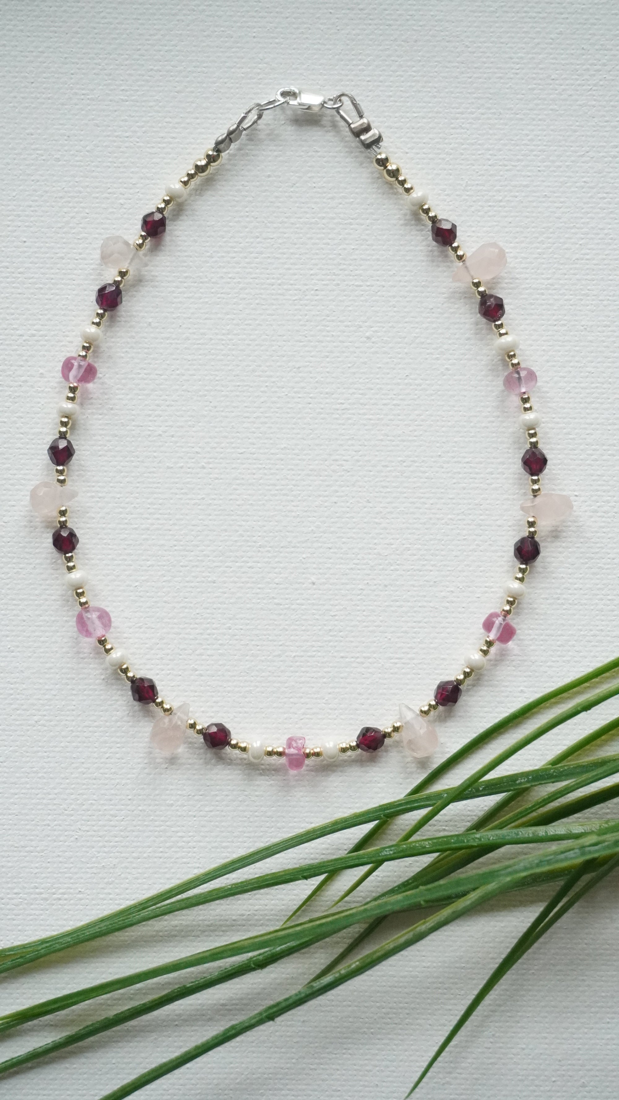 Ayanfe Gemstone Anklet with Rose Quartz & Red Garnet