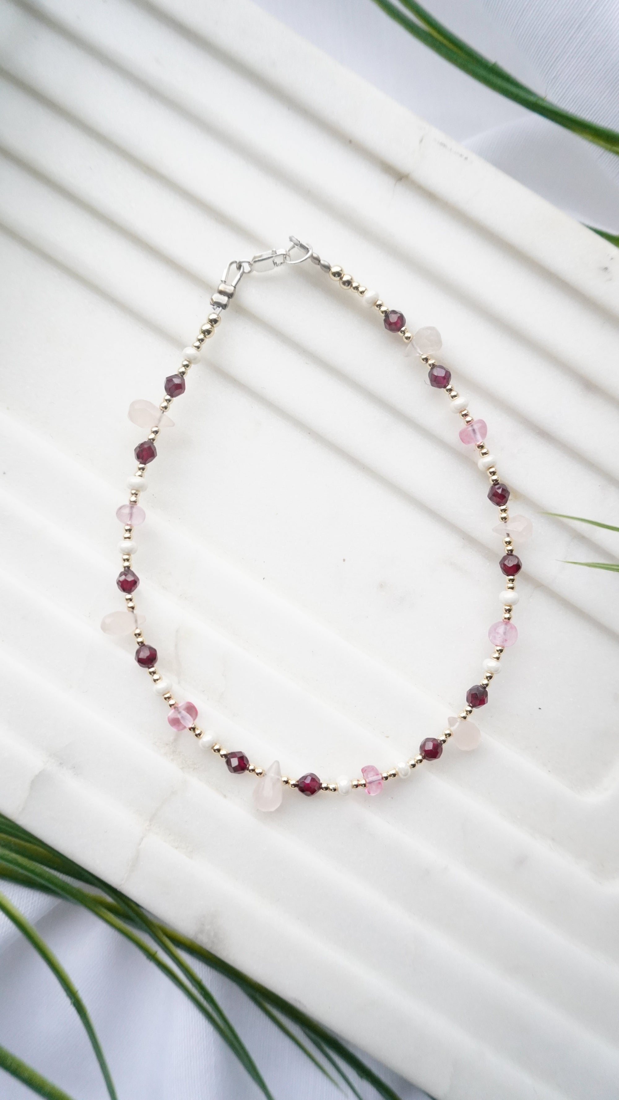 Ayanfe Gemstone Anklet with Rose Quartz & Red Garnet
